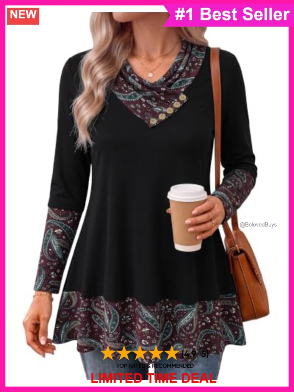 Cowl Neck Long Sleeve A-Line Tunic Top Blouse